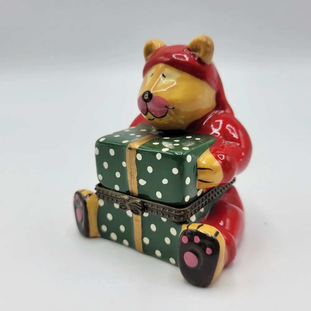 Holiday Santa Bear with Gift Box Sweet Dreams Pillow Hinged Trinket Box Ceramic